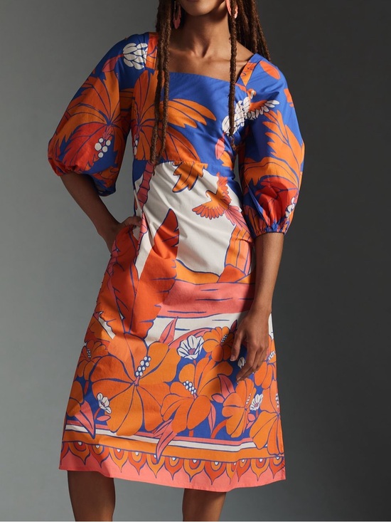 FARM Rio Dresses & Skirts - Farm Rio puff-sleeve vibrant tropical sunset orange blue print midi dress